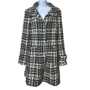 Arden B Coat Women's L Wool Blend Blue Brown Chunky Plaid Tweed Lined Midi Snaps